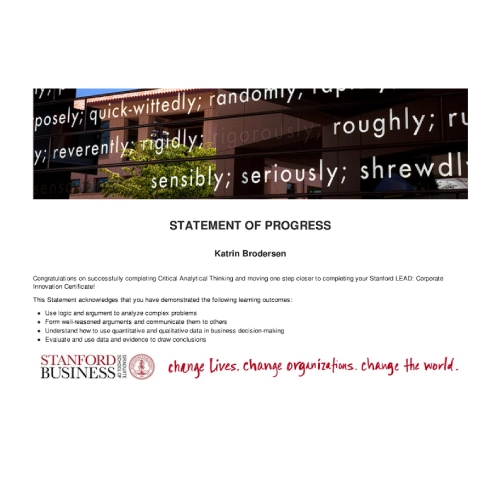 University Graduate School of Business | Lead Corporate Innovation Certificate | Critical Analytical Thinking 2019